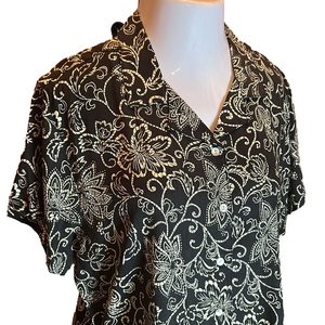 ALLYSON WHITMORE PETITE Black & Cream Print Button Up Blouse Size PL